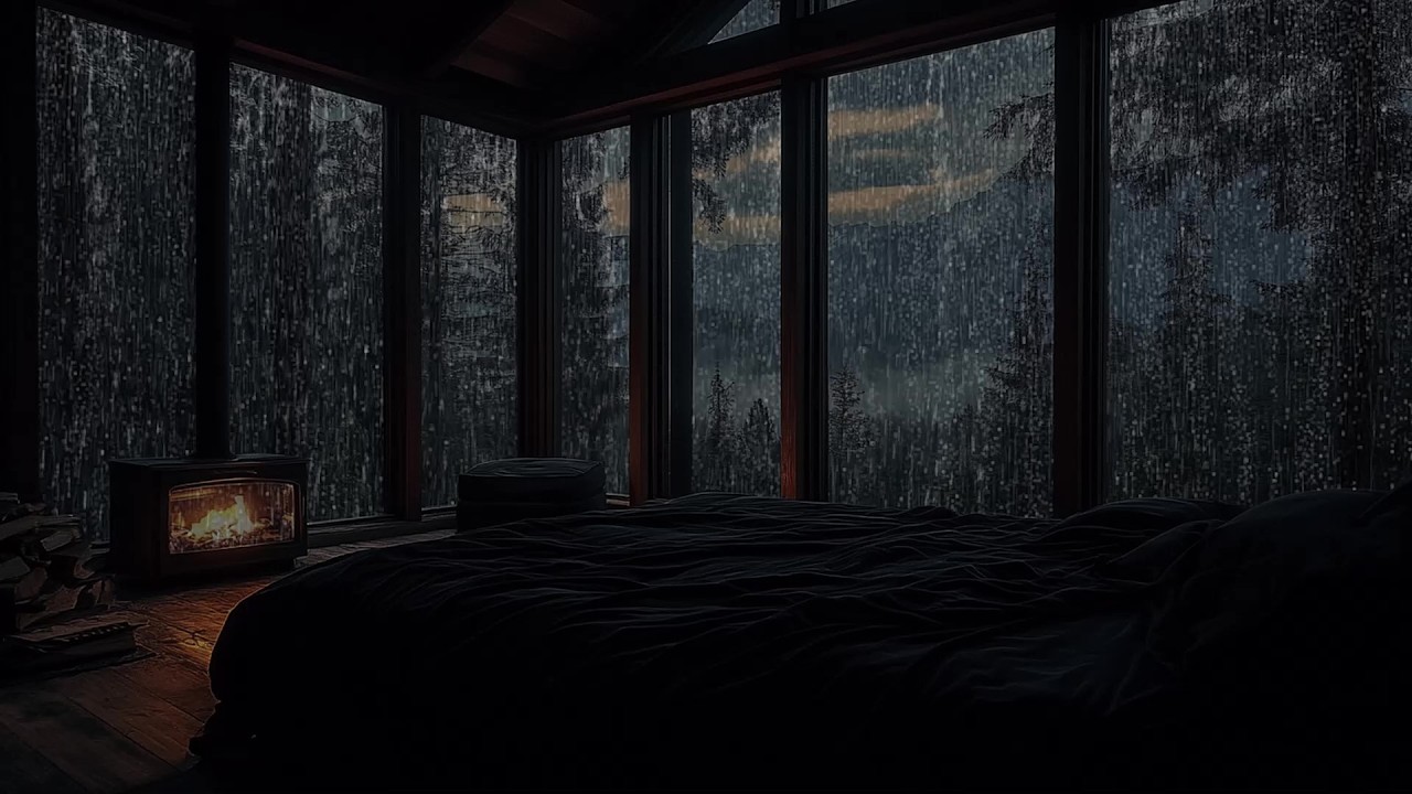 ✨ Steady Rain Outside a Warm Mountain Bedroom | Window Rain & Crackling Fireplace | Rest Easy