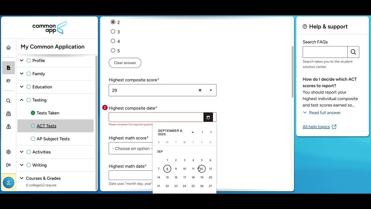 My Common App - Grades and Testing Sections