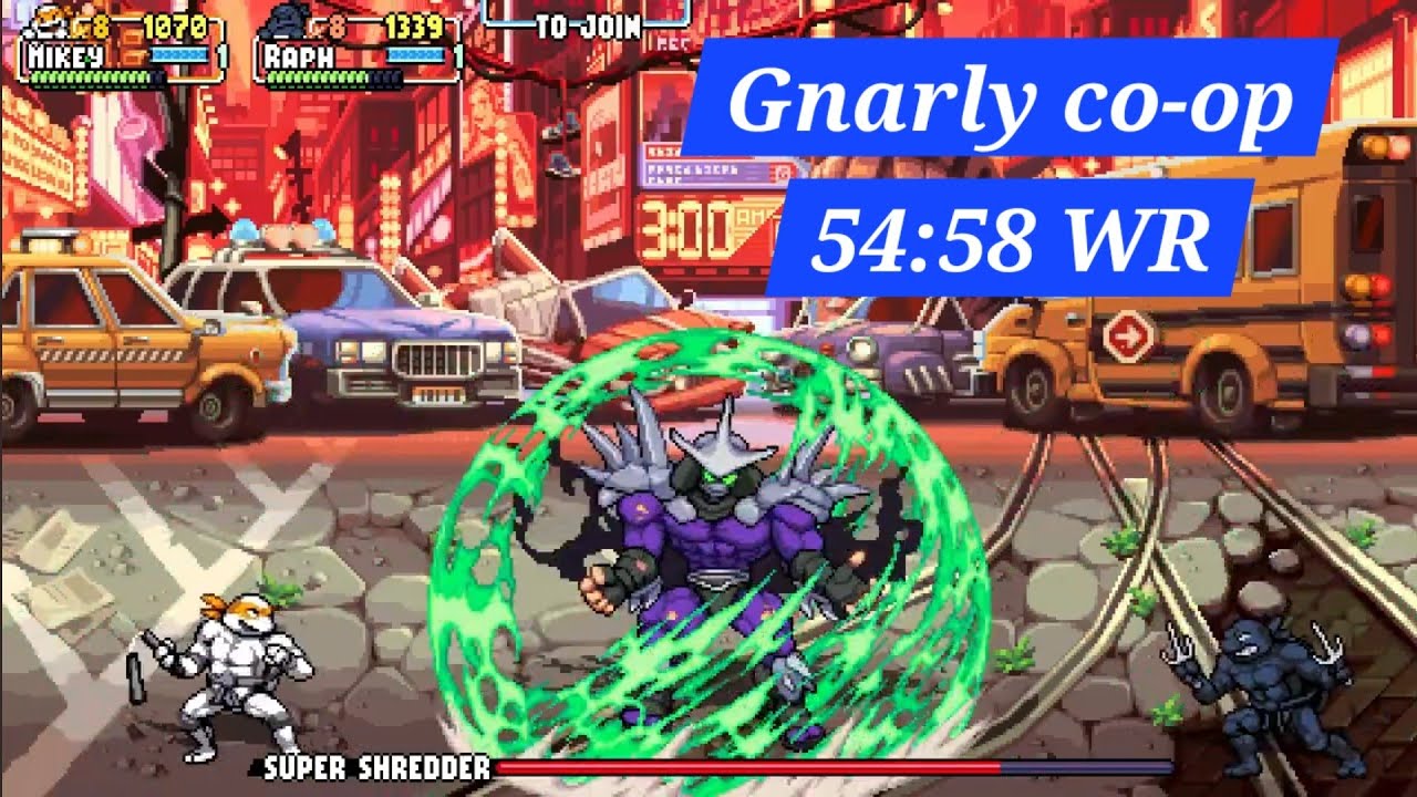 TMNT Shredder's Revenge Any% 2P Co-op Arcade gnarly in 54:58 (Raph/Mike) [WR]