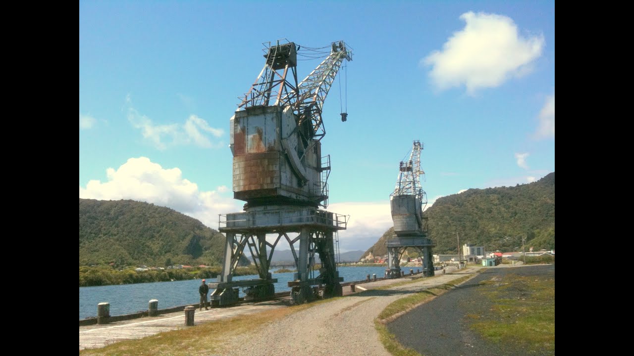 Greymouth Port Crane Coal loading from rail wagons into ships and river dredging 1966