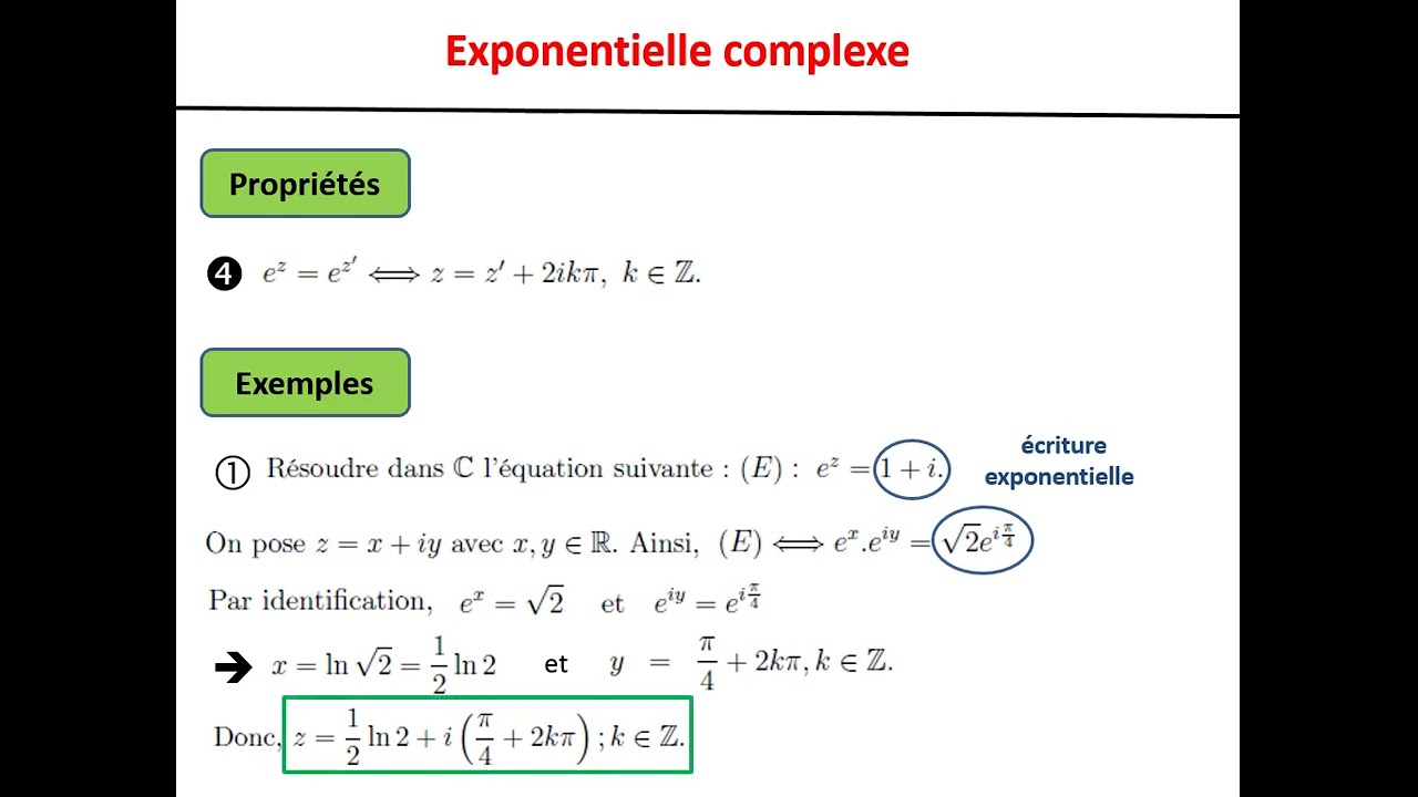 Exponentielle complexe ( D&eacute;finition, propri&eacute;t&eacute;s et exemples )