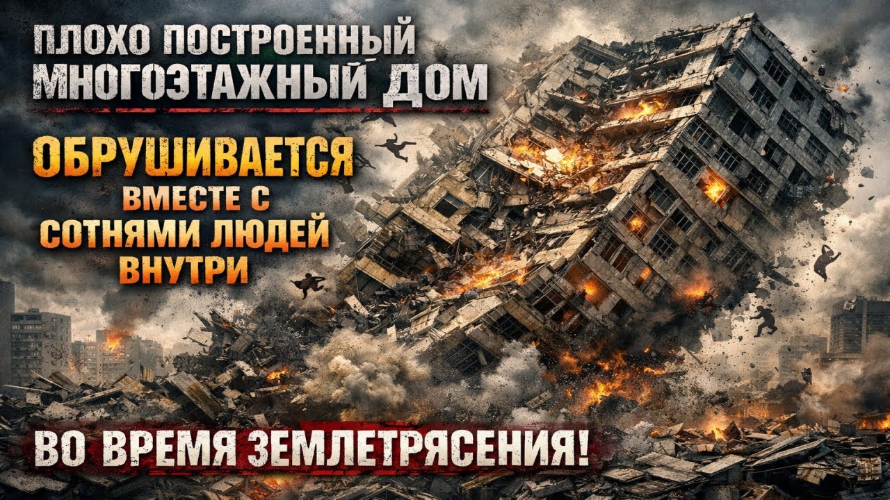 Плохо построенный многоэтажный дом обрушивается вместе с сотнями людей внутри во время землетрясения