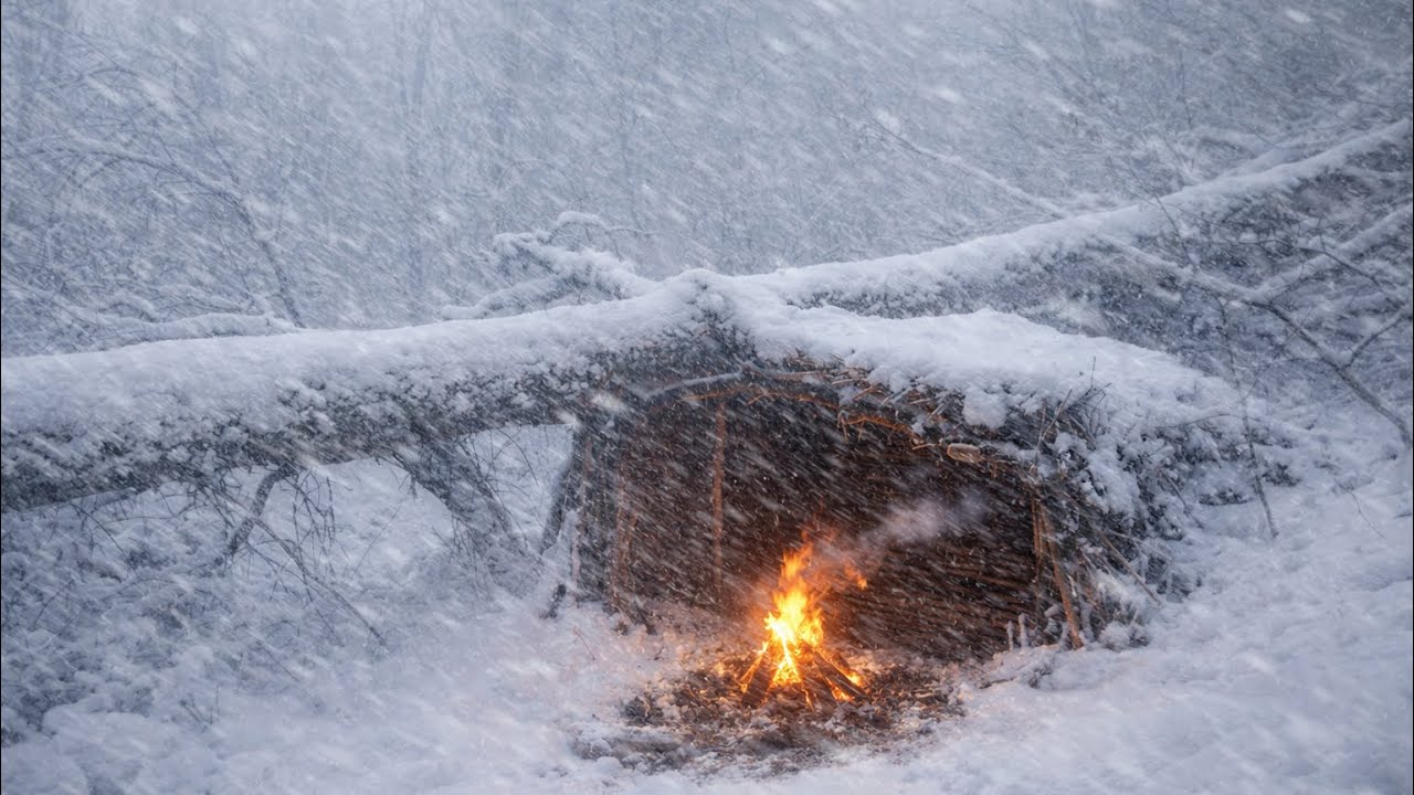 Extreme Winter Survival | Deep Snow Camping, Bushcraft Shelter & Meat Cooking