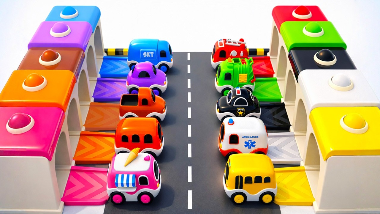 Colors for Children with Street Vehicles Toys 🚓🚑🚒🚌 Monkey Simple Songs