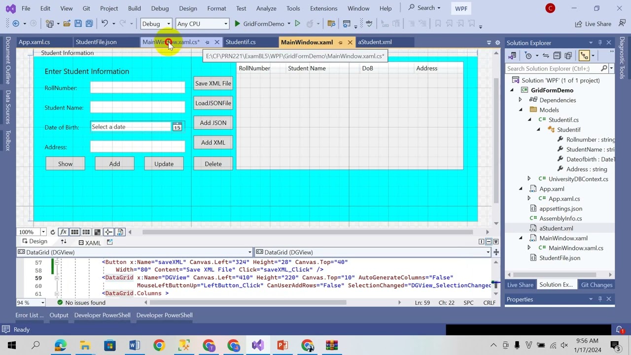PRN 212 Save Data view to XML File, Open File XML JSON read and save to database
