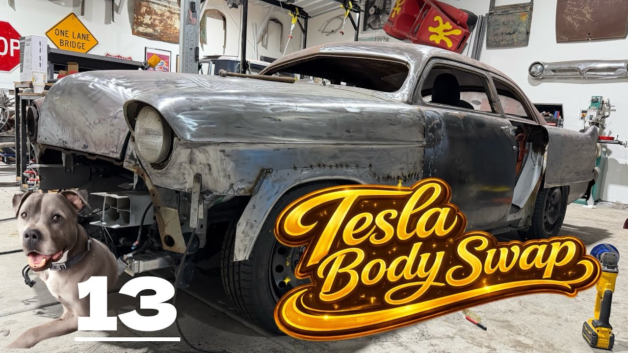 Tesla, body swamp fender assembly from meteor and Cadillac parts. Making progress on the bodywork.