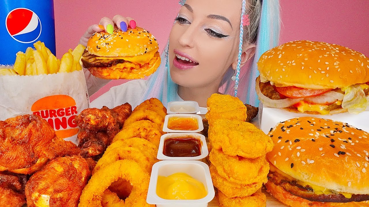 ASMR EATING BURGER KING, FRIED CHICKEN, NUGGETS, ONION RINGS, FRIES, WHOPPER, MUKBANG, 버거킹 햄버거 먹방