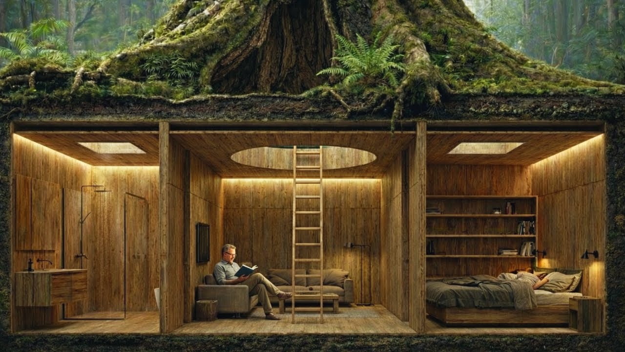 This man Built a SHELTER under a hollow tree — Building a house in the forest (ASMR)