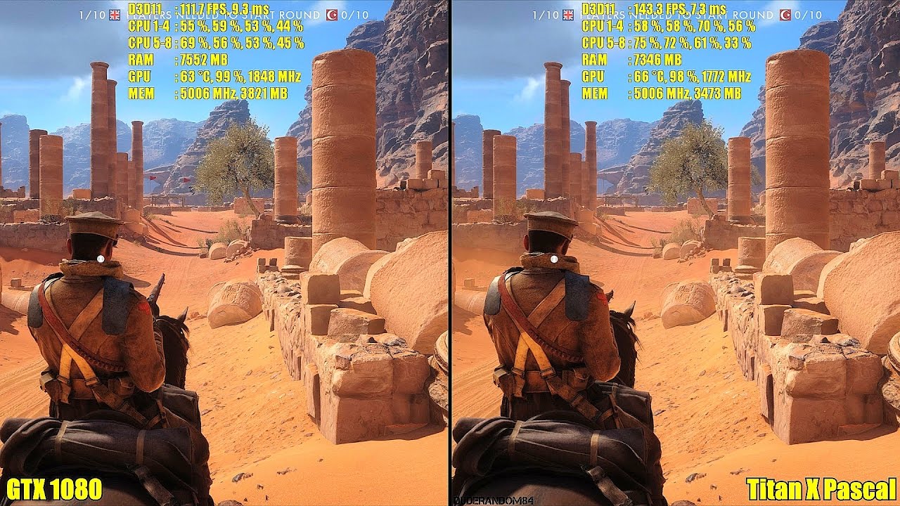 Battlefield 1 Titan X Pascal Vs GTX 1080 1440p Ultra Frame Rate Comparison