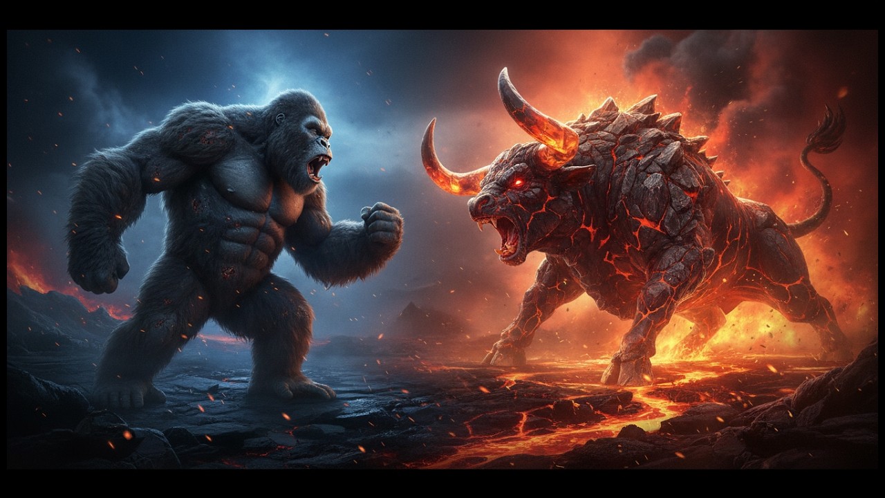 kong vs taurus epic battle in the volcanic basin 8k
