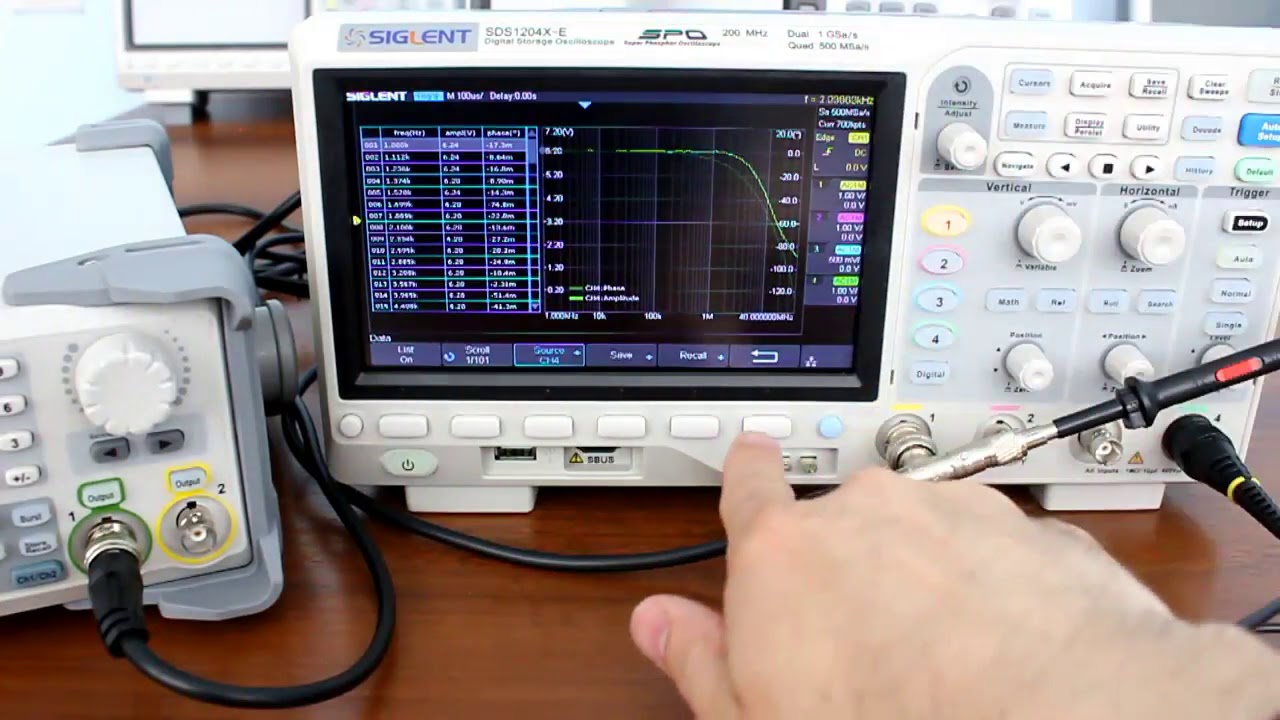 Осциллограф SDS1204X E c генератором SDG2122X  в режиме построения АЧХ ФЧХ