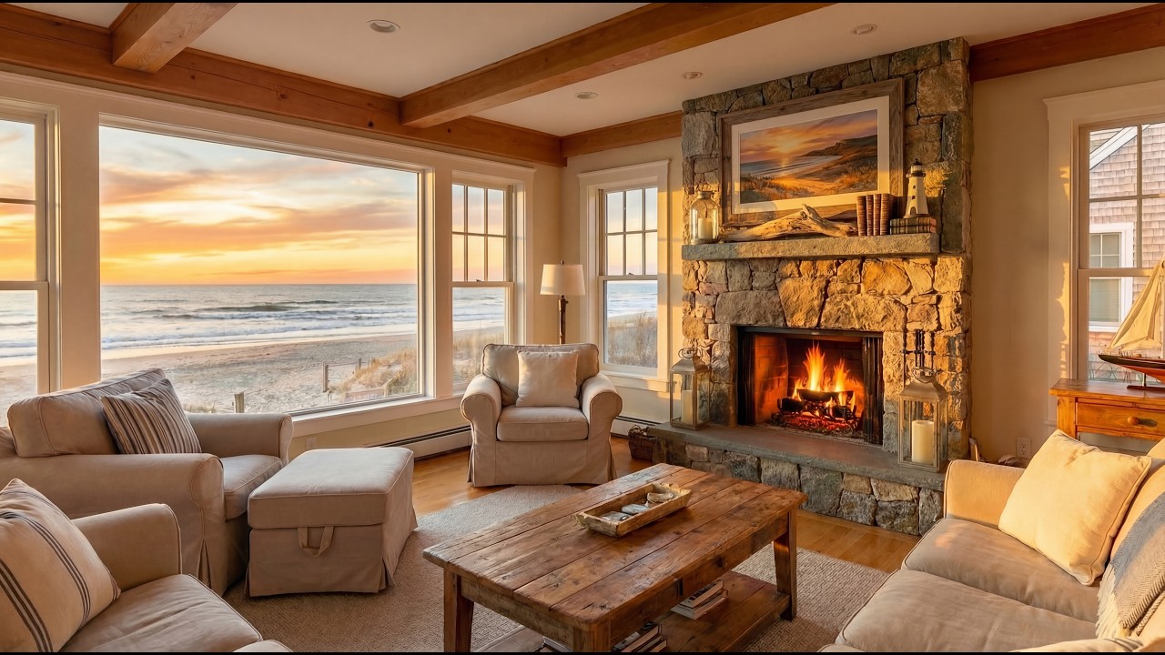 Peaceful Coastal Beach House Fireplace with a Crackling Fire & Ocean Waves | Golden Hour Sunset 🔥🌊
