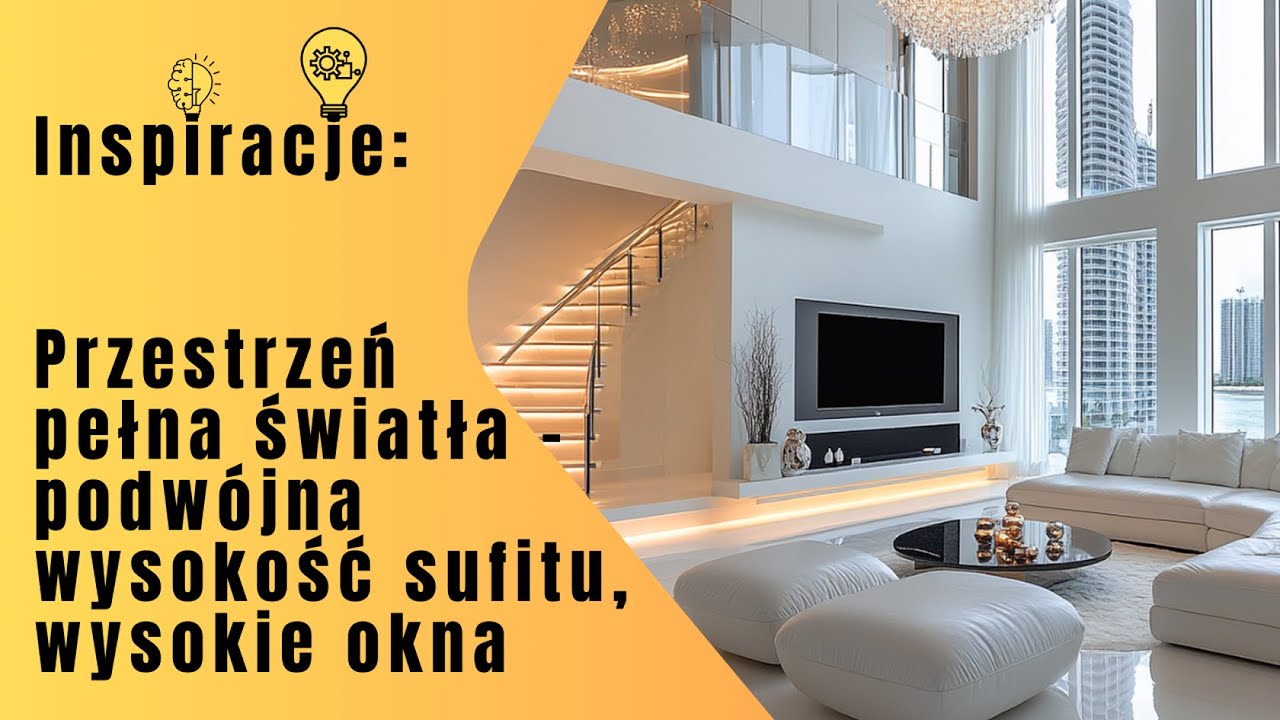 Inspiracje: Luksusowy nowoczesny salon z antresolą – białe powierzchnie i kryształowy żyrandol!