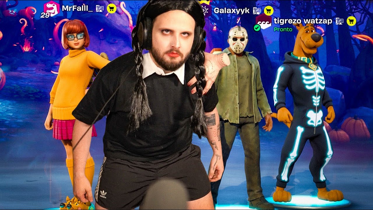 Wandinha e colegas amassando teladores no Fortnite