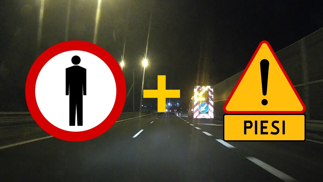 Piesi na drodze, gdzie jest zakazany ruch pieszych? Nie, to tylko oznakowanie rob&oacute;t drogowych.