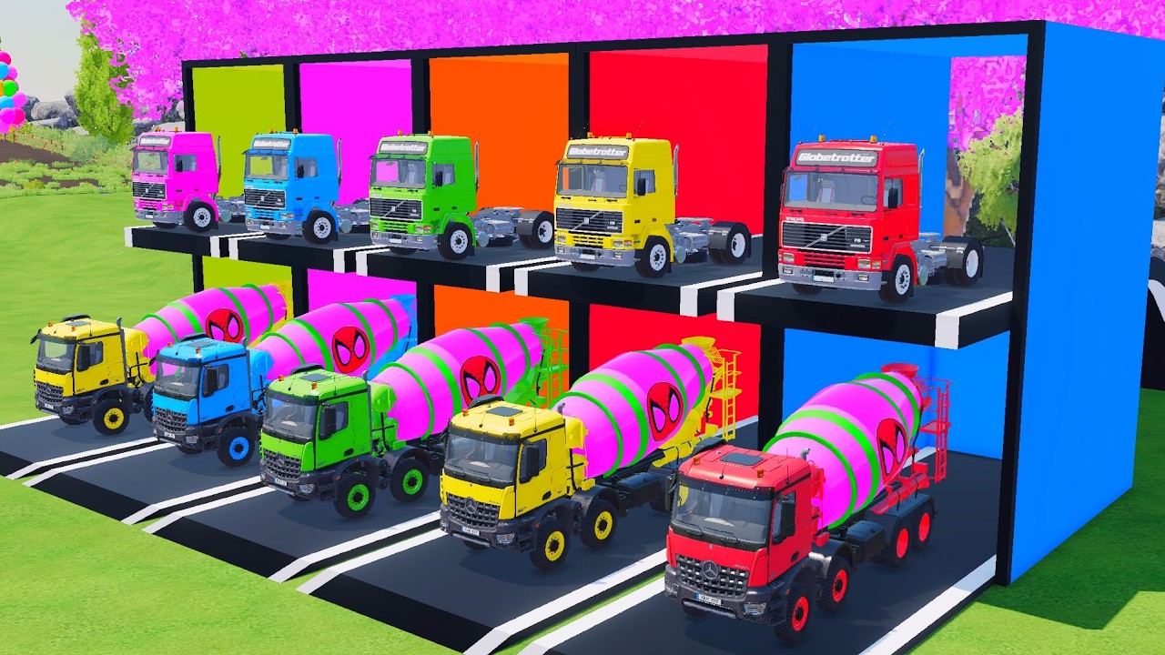 TRANSPORTING PIXAR CARS & FRUITS WITH COLORED & JOHN DEERE vs CLAAS vs TRACTORS - BeamNG.drive #9