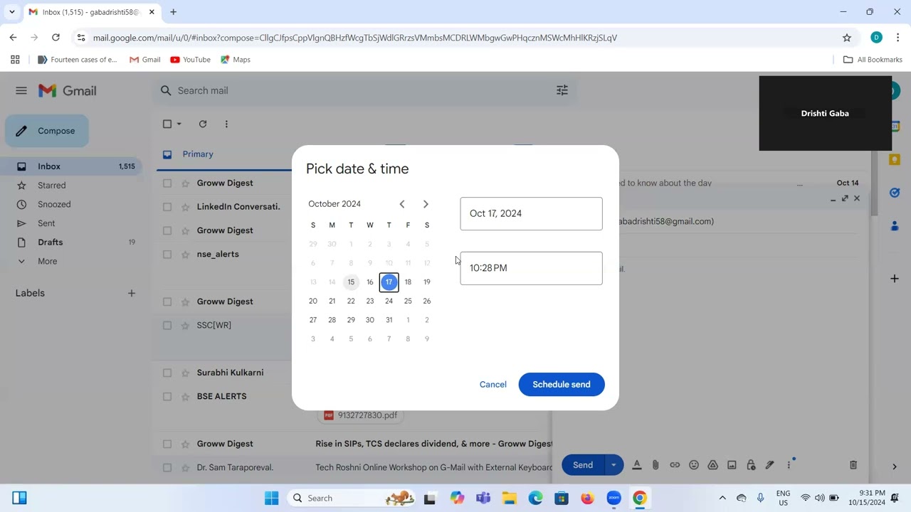 how to schedule send any mail in Gmail on laptop with NVDA