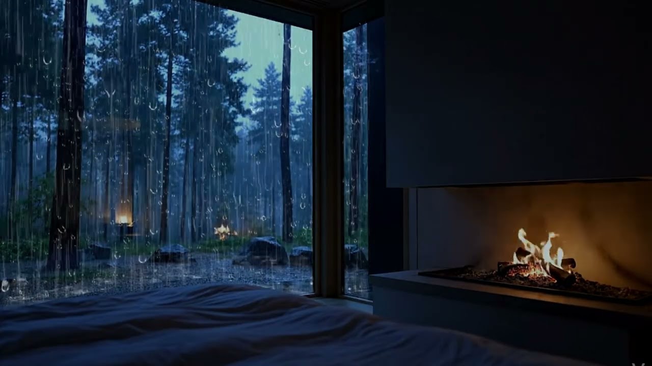 Rainy Night at Cabin - Rain Against Glass & Fireplace 3 Hours for Sleep and Focus
