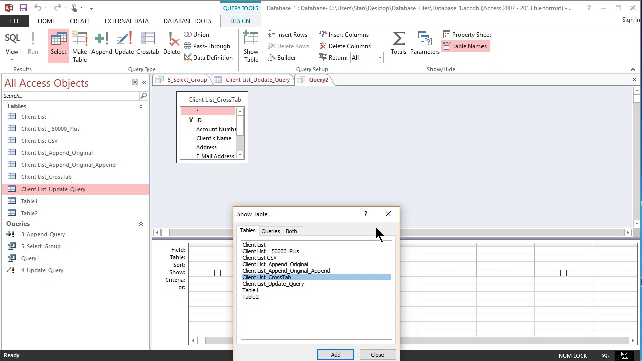 Lecture 12: MS Access Cross Tab Query