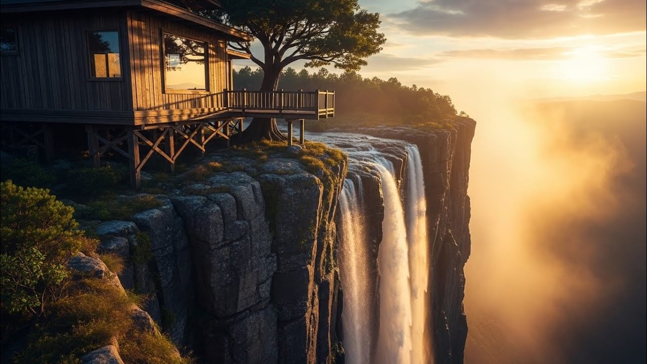 Handmade Cliffside Tree House Above a Roaring Waterfall