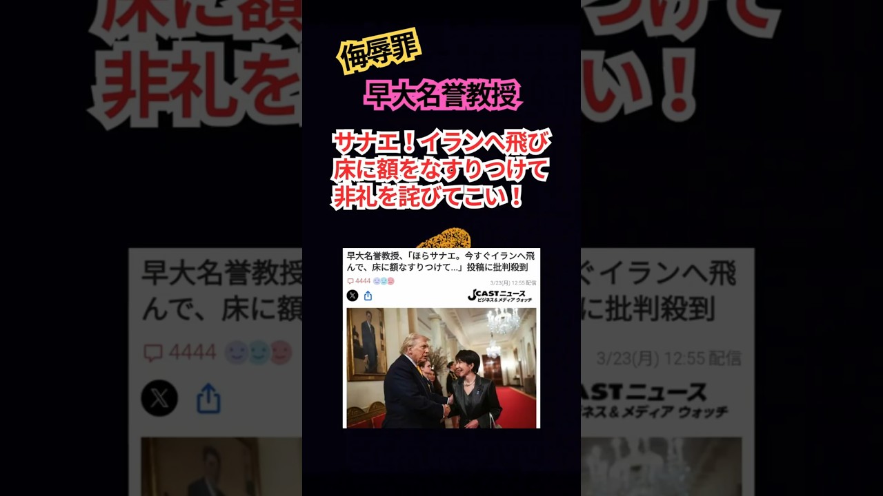 【侮辱罪】早大名誉教授「ほら、サナエ！今すぐイランへ飛んで額を床になすりつけてこいｗｗ」 #shorts #侮辱 #イラン #ホルムズ海峡 #外交 #高市早苗 #女性蔑視