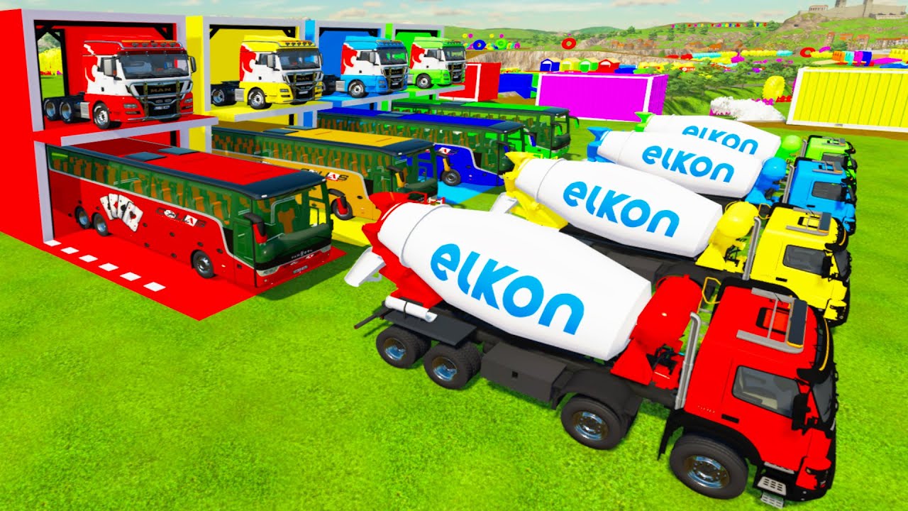 Colorful trucks - ALL COLROFUL VOLVO ELKON MIXER TRUCK, VANHOOL BUS TRANSPORTING WITH TRAILER TRUCK