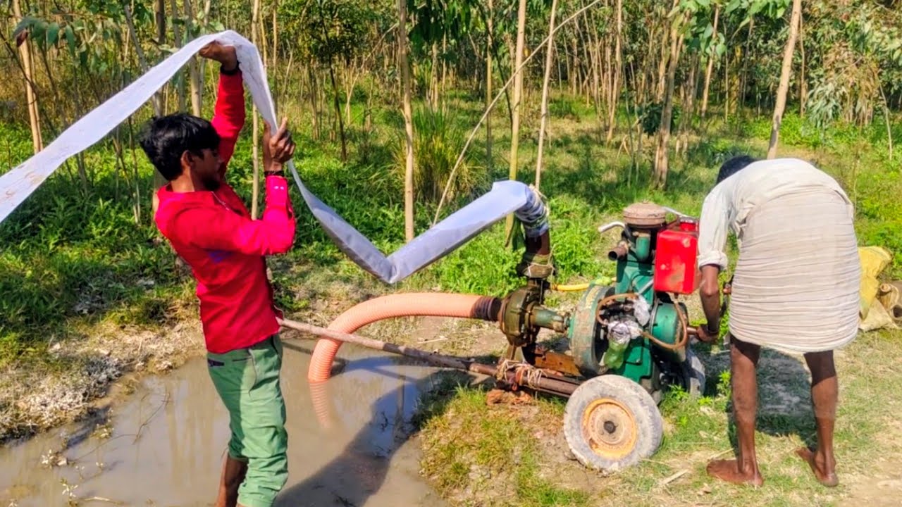 8Hours Power Diesel engine Water Pump Machine Setup Kisan ka Indian India Village 