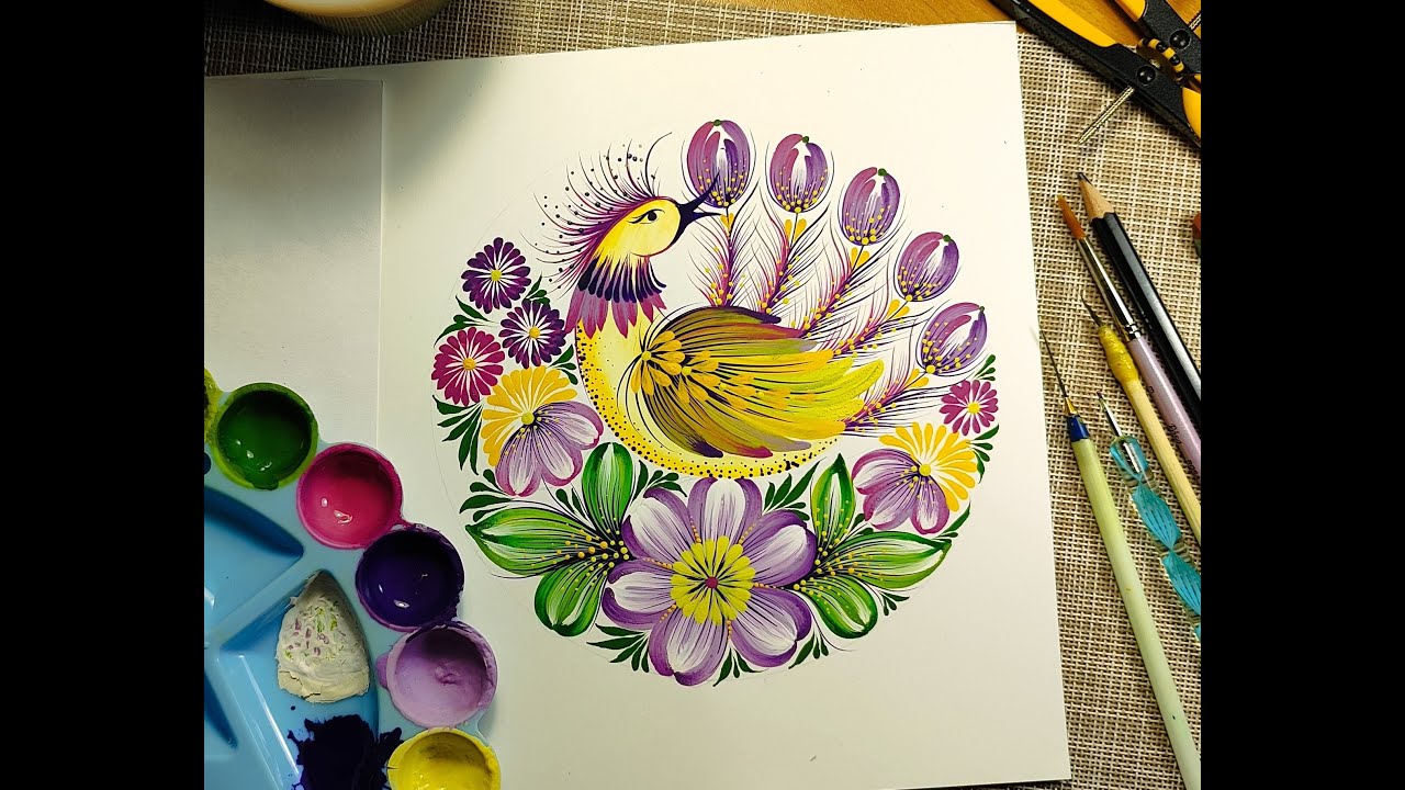 A bird among flowers. Petrykivka painting. New Petrykivka.