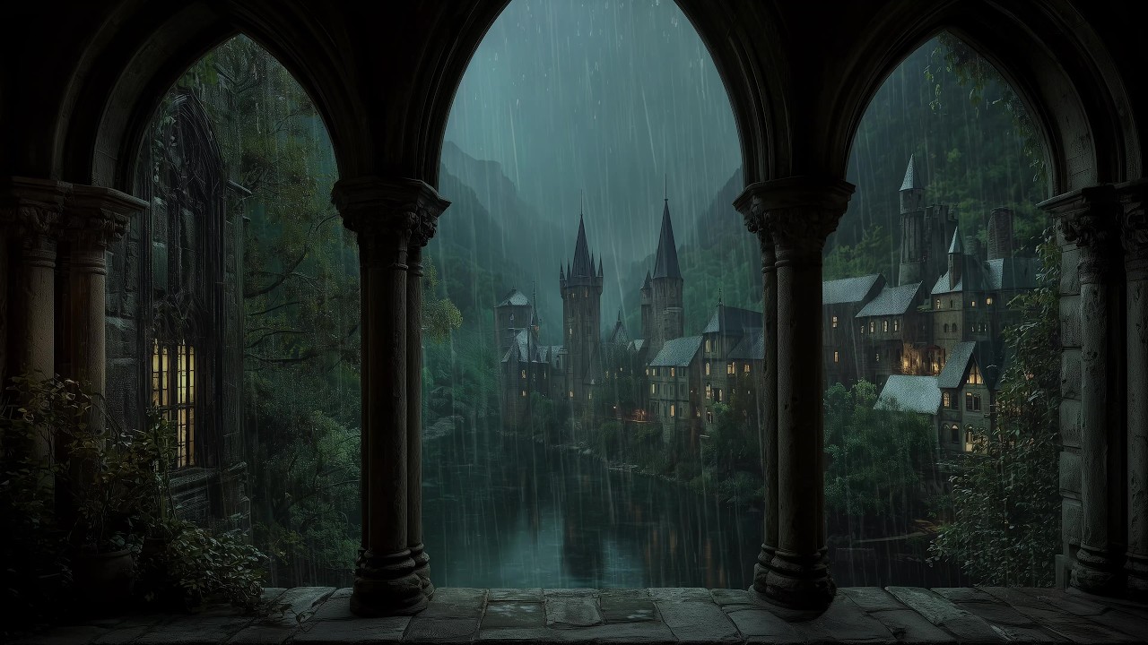 Window Sleep Ambience with Relaxing Rain Sounds and Thunder - Medieval Castle