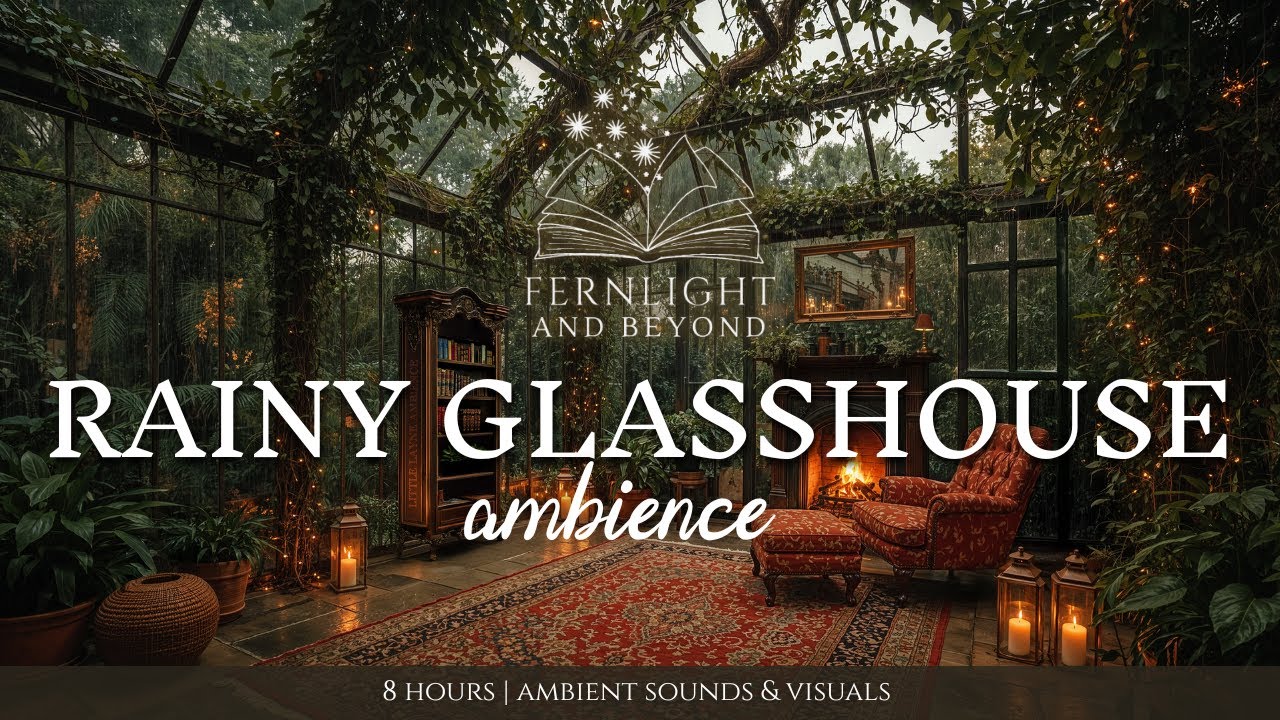 8 Hours of Cozy Glasshouse Rain Ambience | Fireplace, Rain & Candles for Reading, Sleep & Relaxing