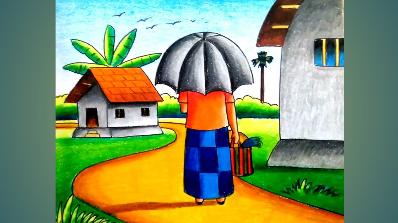 How to easy village scenery drawing step by step/Village drawing with oil pastel