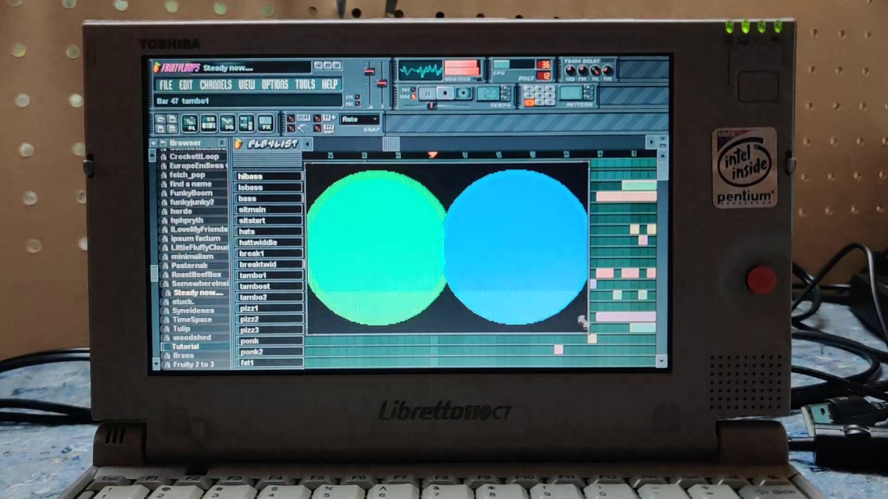 FruityLoops 3.0.0 running on Windows 98 SE on a Toshiba Libretto 110CT