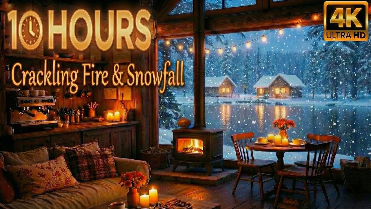 Cozy Cabin Fireplace 🔥 Snowfall Outside ❄️ Crackling Fire Sounds | 10 Hours