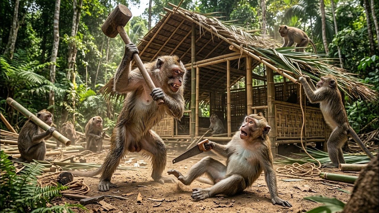 Monkeys Unite to Build a Home Deep in the Jungle | A Jungle Home Built by Unity and Hard Work