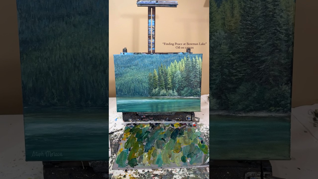 &ldquo;Finding Peace at Bowman Lake&rdquo; original oil painting by Steph Moraca