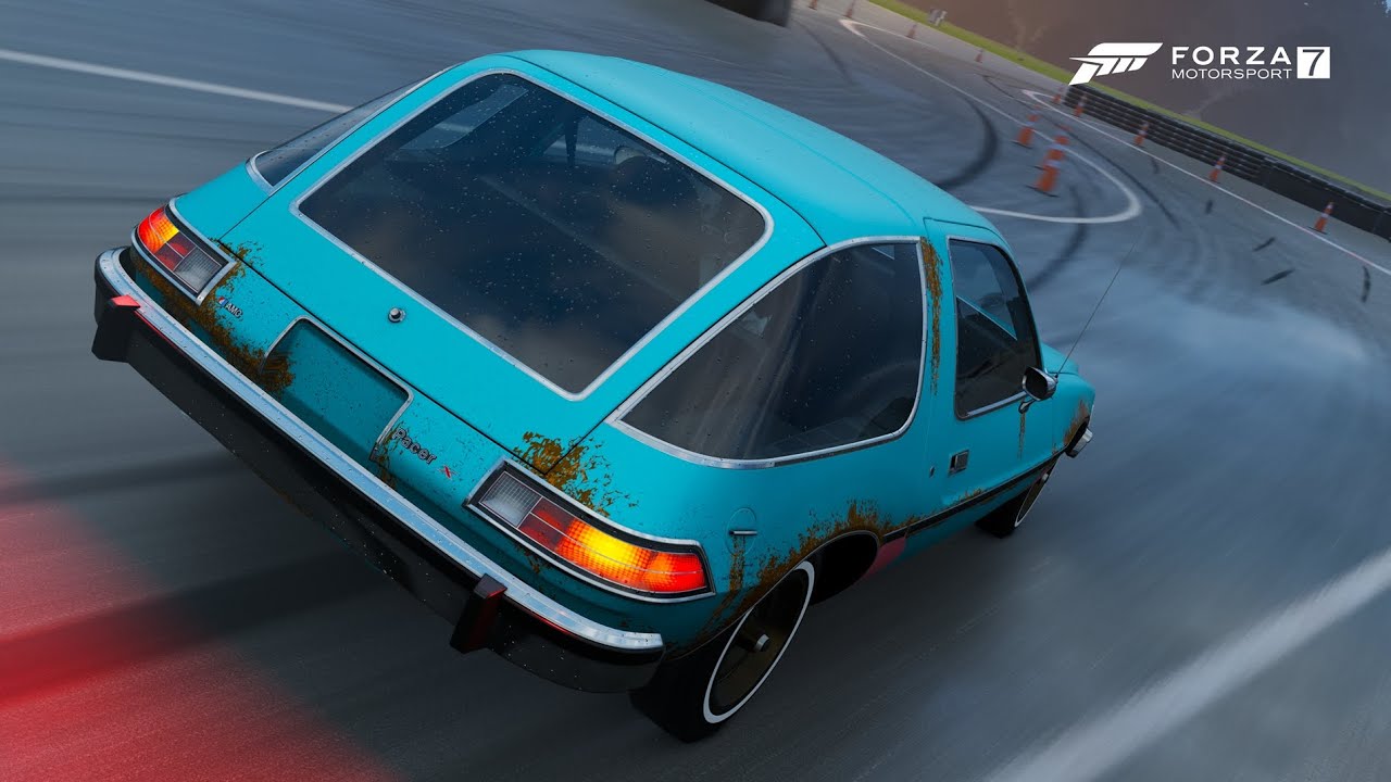1977 AMC Pacer X around the Top Gear test track with wet lap Forza Motorsport 7
