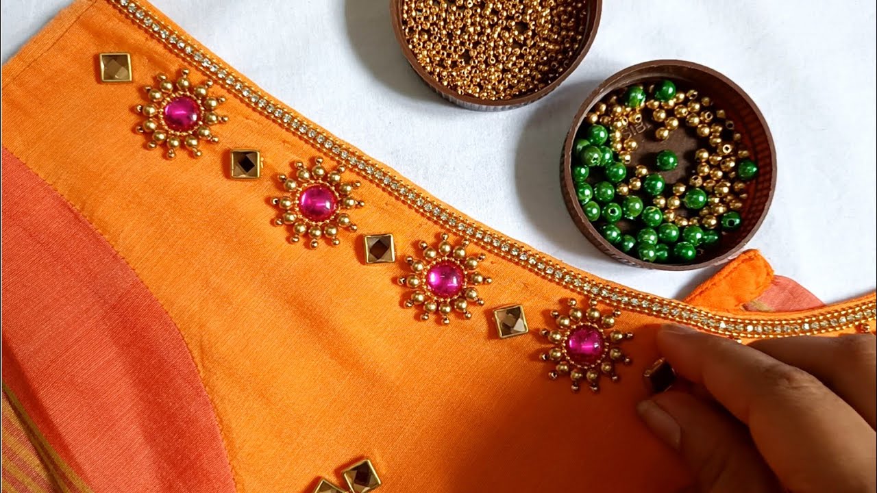 Very Simple and Beautiful Blouse Neck Design with normal needle on stitched blouse|Aariwork|maggam