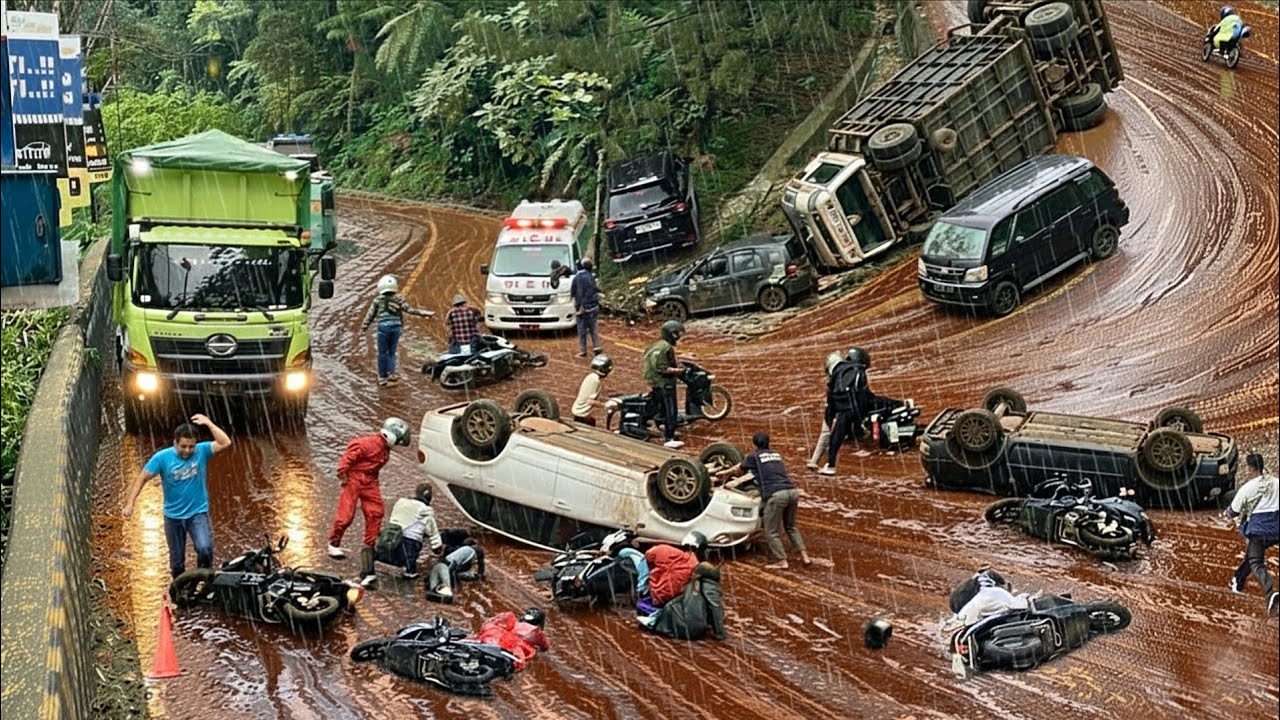 DRAMATIS PENUH TANGIS !!! Korban Tumpahan Minyak Mobil Tergelincir Pemotor Berjatuhan Di Jalan Licin