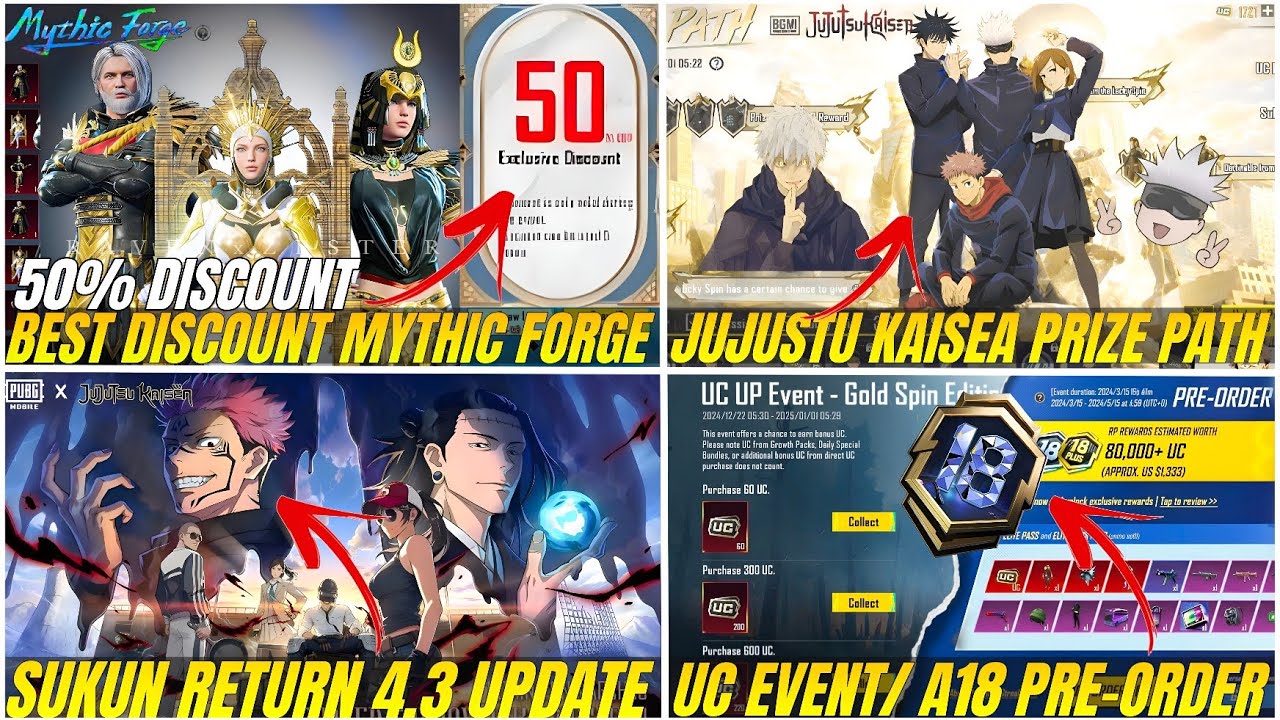 🧿 4.3 UPDATE MYTHIC FORGE 50% DISCOUNT | JUJUSTU KAISEA PRIZE PATH | A18 ROYAL PASS | BGMI UC EVENT