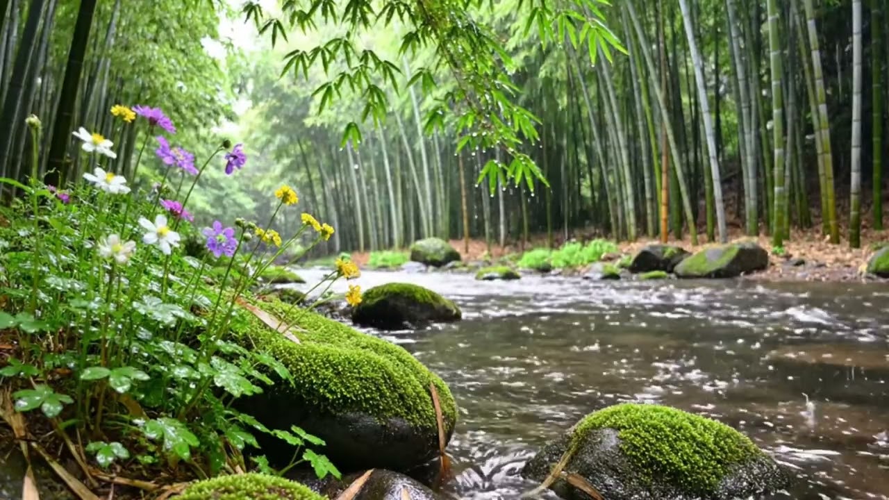 Relaxing Rain Sounds in Bamboo Forest 🌿 | Peaceful River Flow for Deep Sleep, Stress Relief & Study