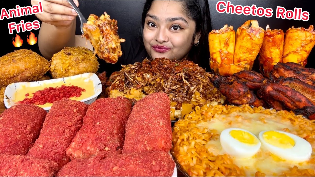 CHEETOS CHEESE RICE PAPER ROLLS WITH CHICKEN ANIMAL STYLE FRIES, KURKURE BURGERS, SAMYANG NOODLES
