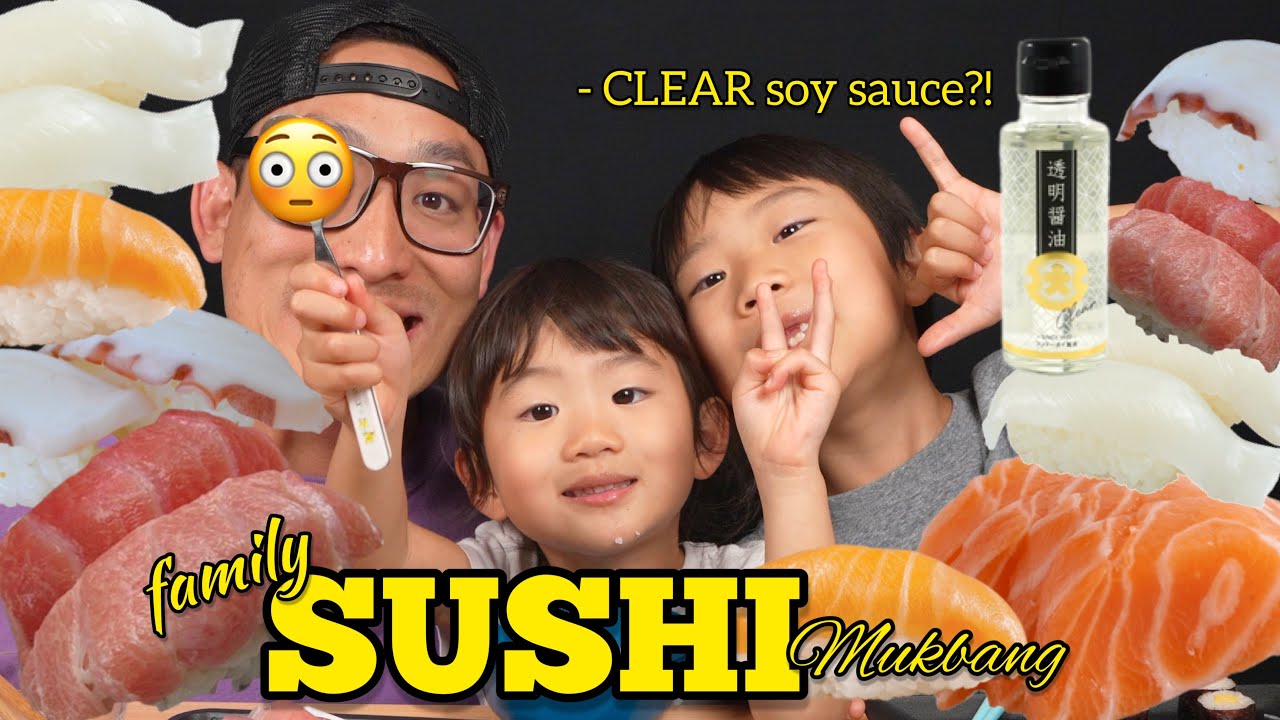 SUSHI rodzinny mukbang!! Pr&oacute;buję PRZEJRZYSTEGO sosu sojowego - co?!