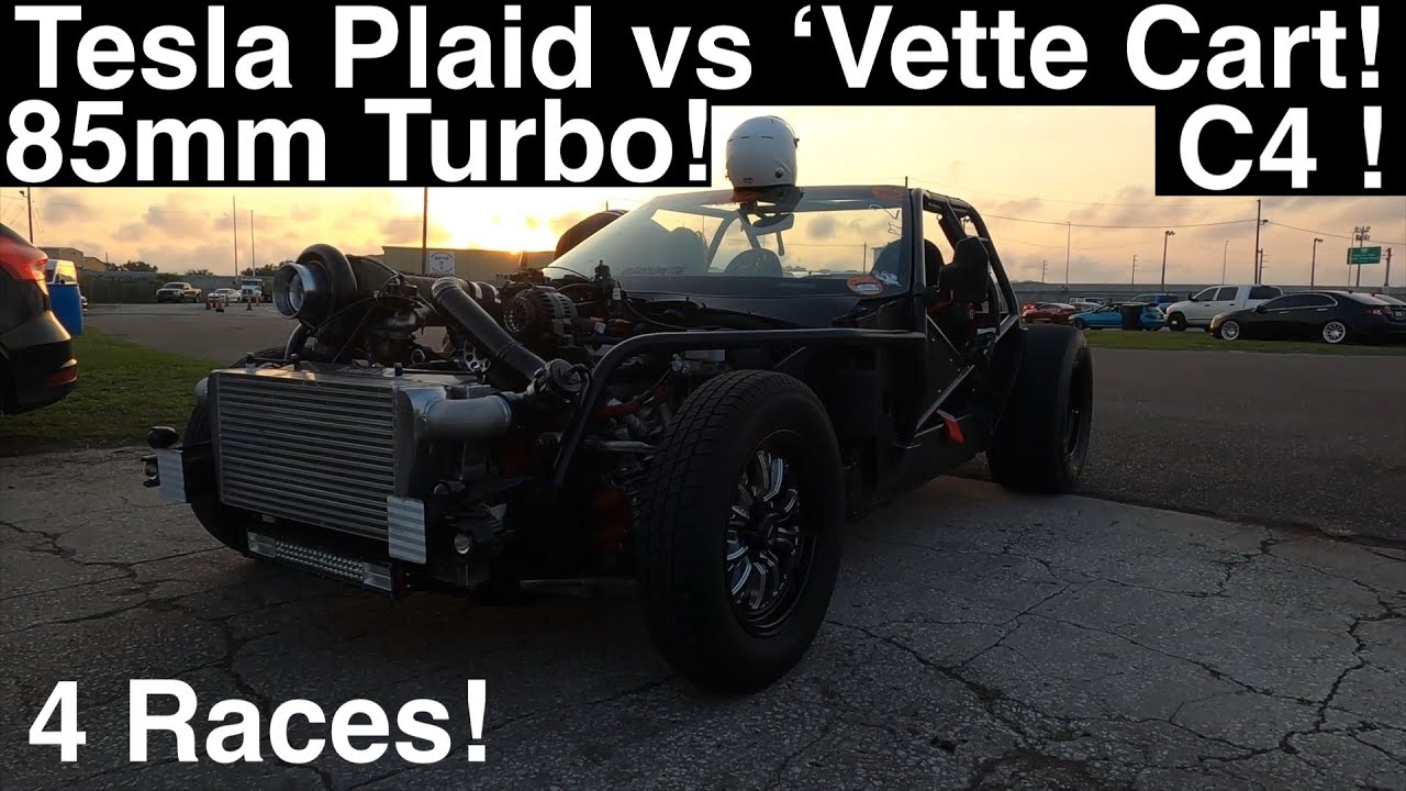 Plaid vs 5-sec Bare Chassis C4 Corvette w/85mm Turbo! Big Boost Mustang with Chute! Impala! 4 Races!