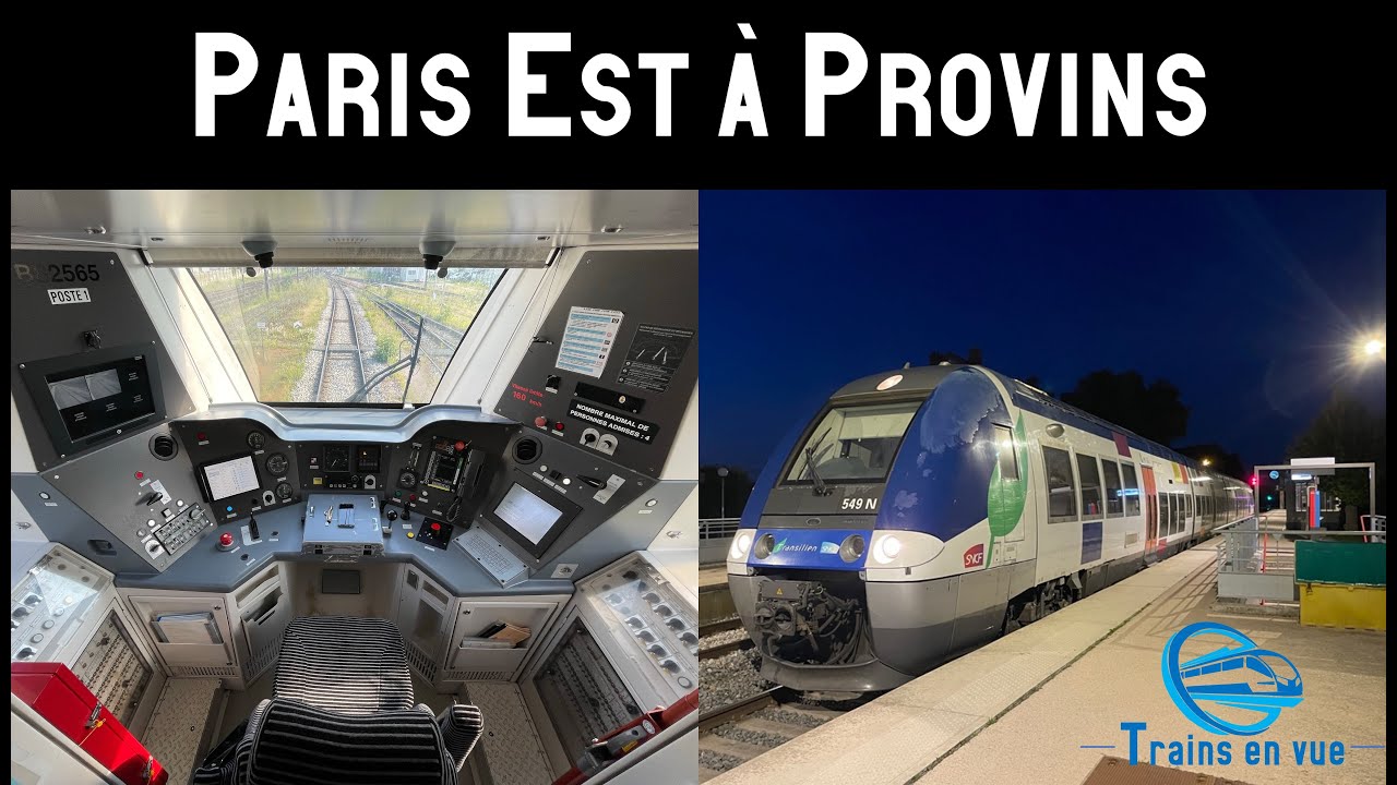 HD CABRIDE - Voyage en cabine d'un AGC (B82500) de PARIS EST à PROVINS à la tombé de la nuit