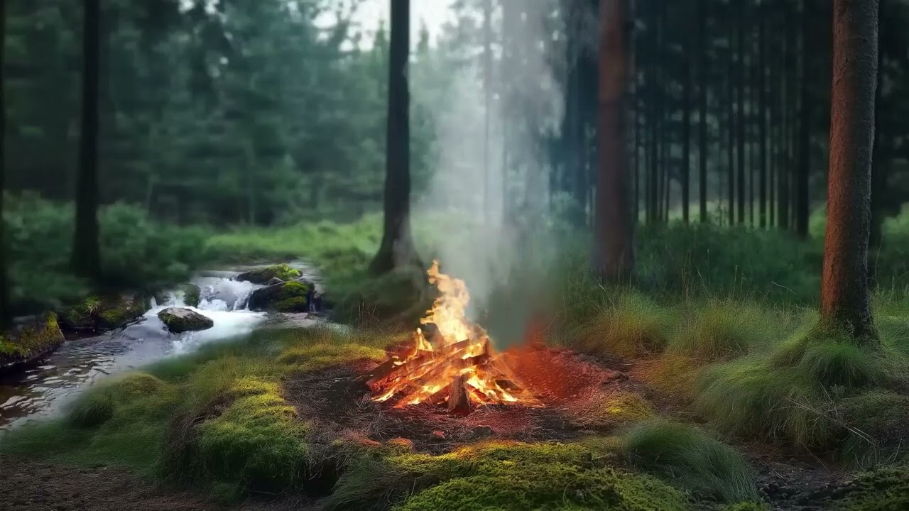 4K 📺 Campfire in foggy Forest by the River 🔥 100% Authentic Sounds : campfires sounds