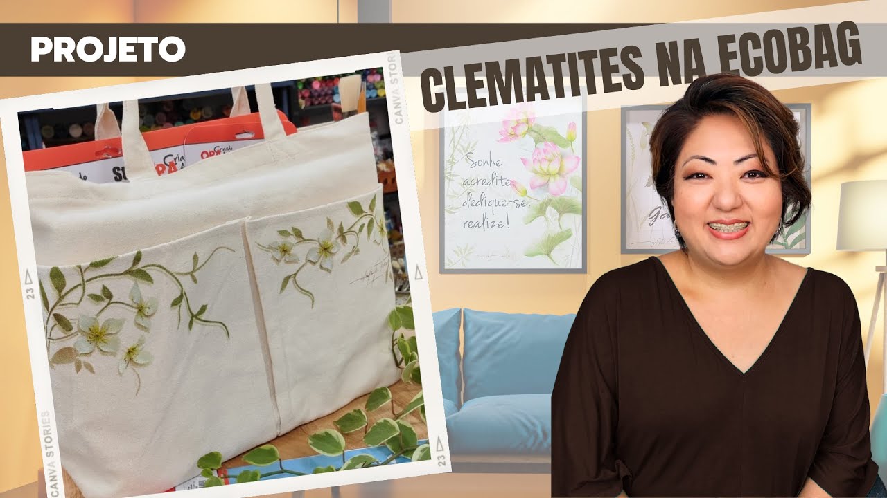 Pintando com o estêncil OPA sobre Tecido (Ecobag)  | Tema Flor Clematites | por Mayumi Takushi