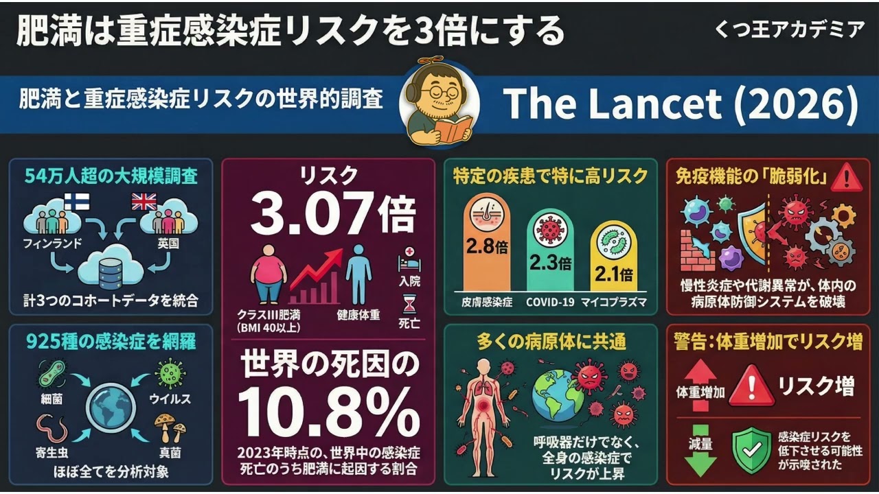 【医療者向け・音声のみ】成人の肥満は重症感染症の入院・死亡リスクを増大させ、世界の感染症死の約1割に関与する：大規模コホート研究　The Lancet