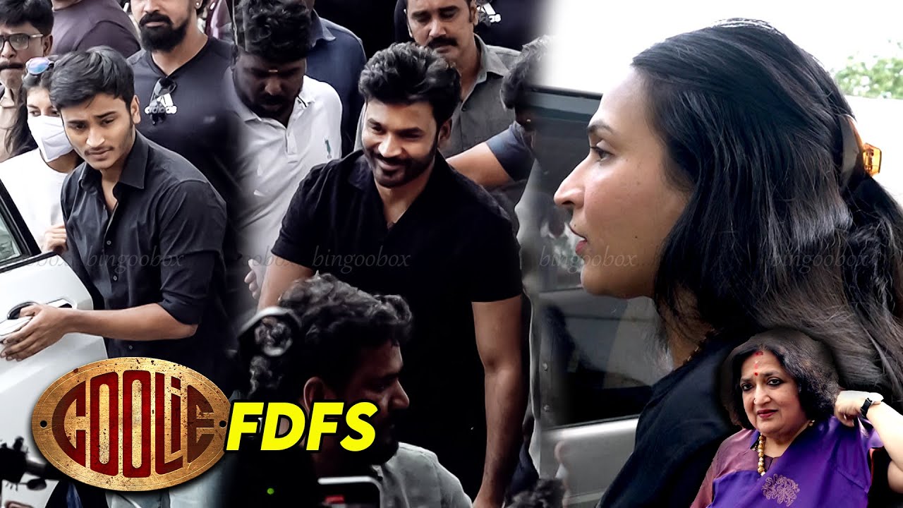 Dhanush, Aishwarya & Latha Rajinikanth at Coolie FDFS Rohini Theatre Lokesh Kanagaraj tamil cinema