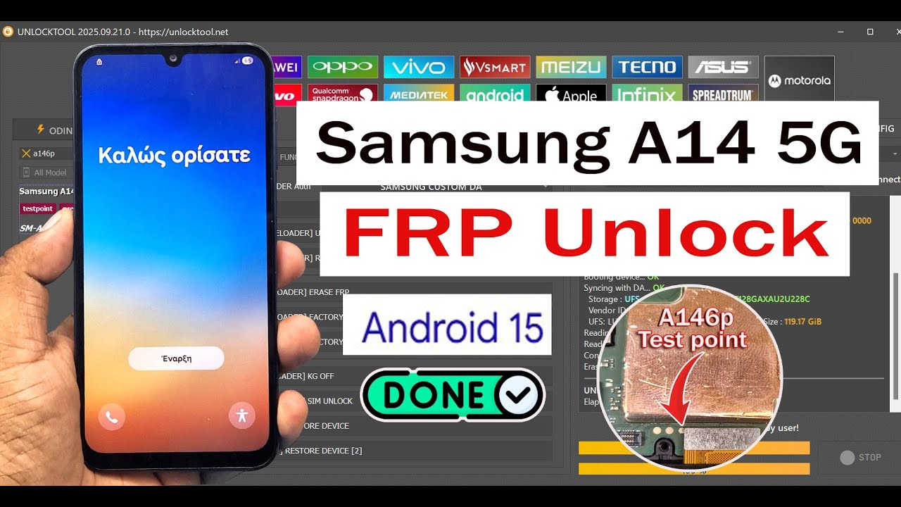 Samsung Galaxy A14 5g SM A146p FRP Unlock Android Unlock Tool Via Test point