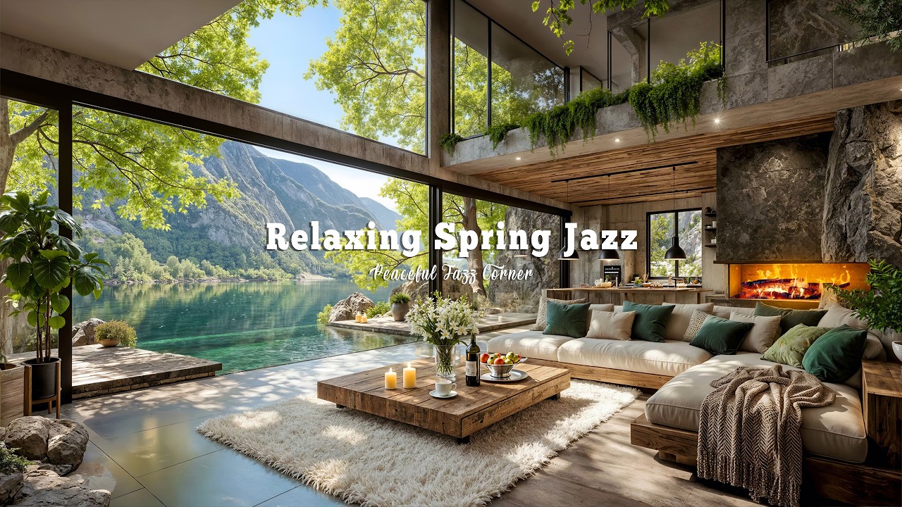 Relaxing Spring Jazz In Forest View Living Room Ambience | Gentle Jazz Music For Stress Relief